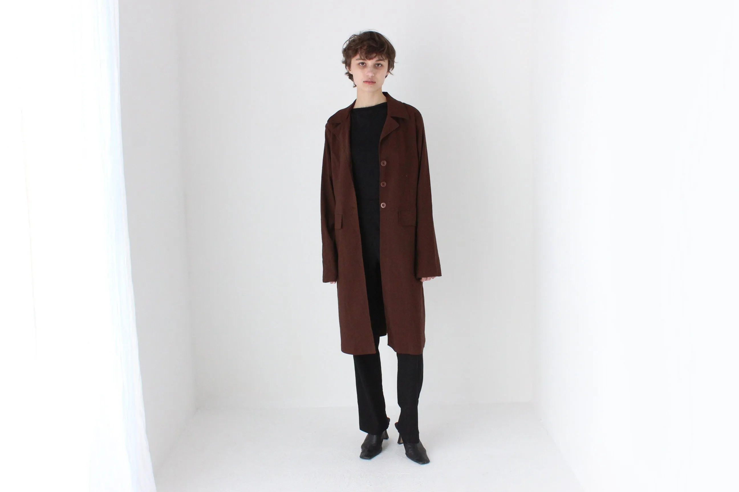 90s Chocolate Lightweight Boxy Button Up Trench Coat