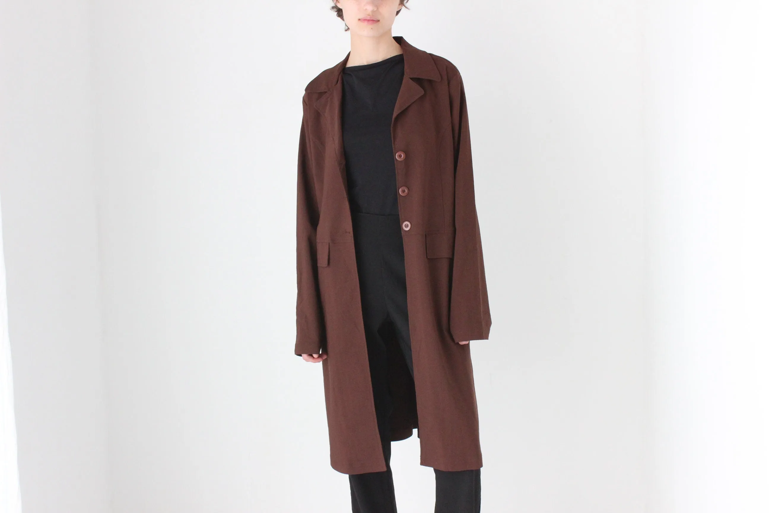 90s Chocolate Lightweight Boxy Button Up Trench Coat