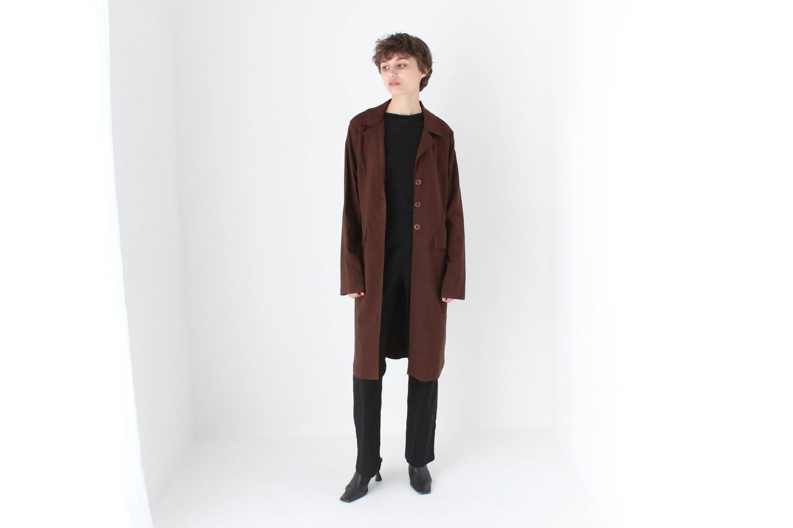 90s Chocolate Lightweight Boxy Button Up Trench Coat