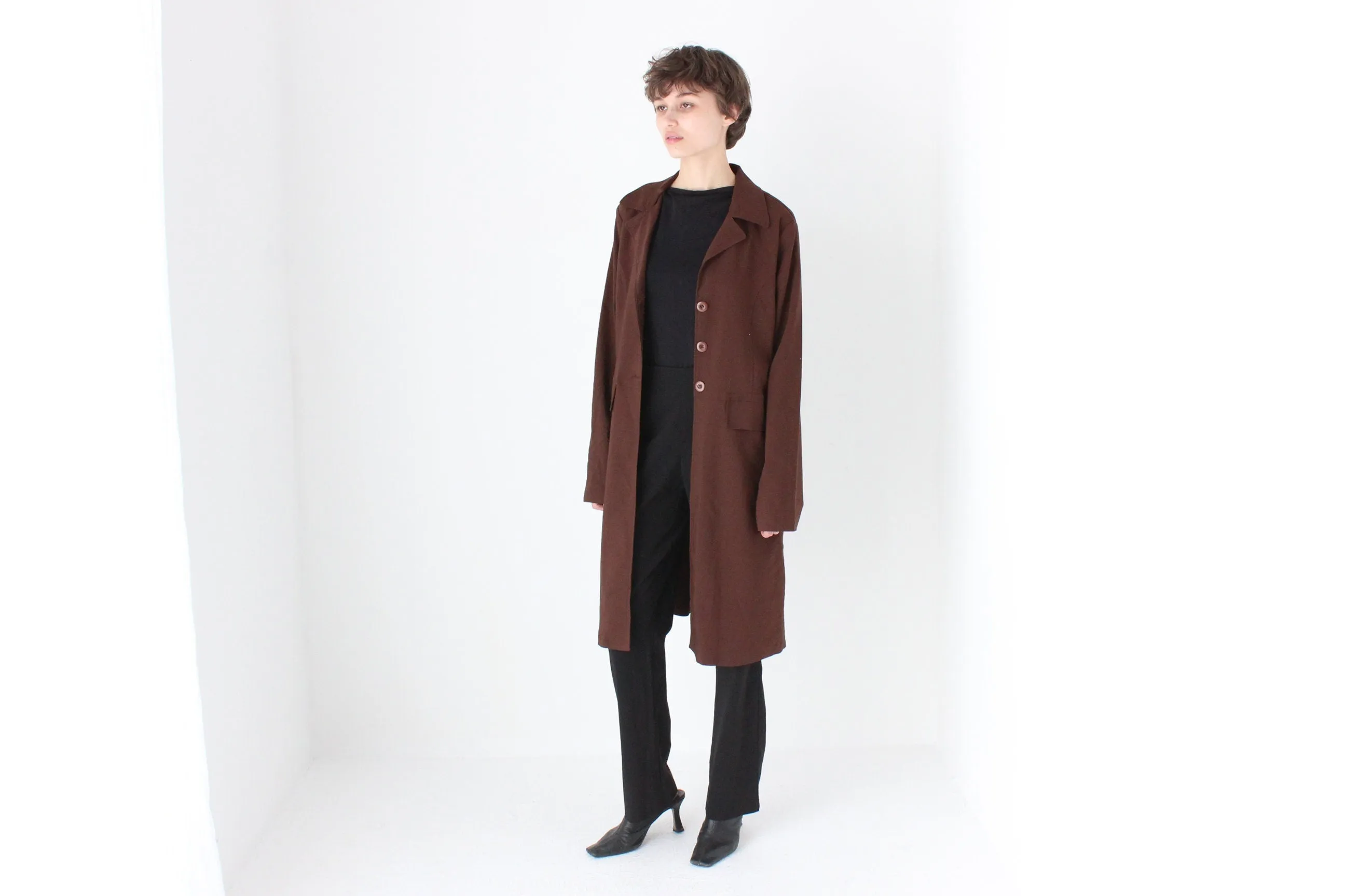 90s Chocolate Lightweight Boxy Button Up Trench Coat