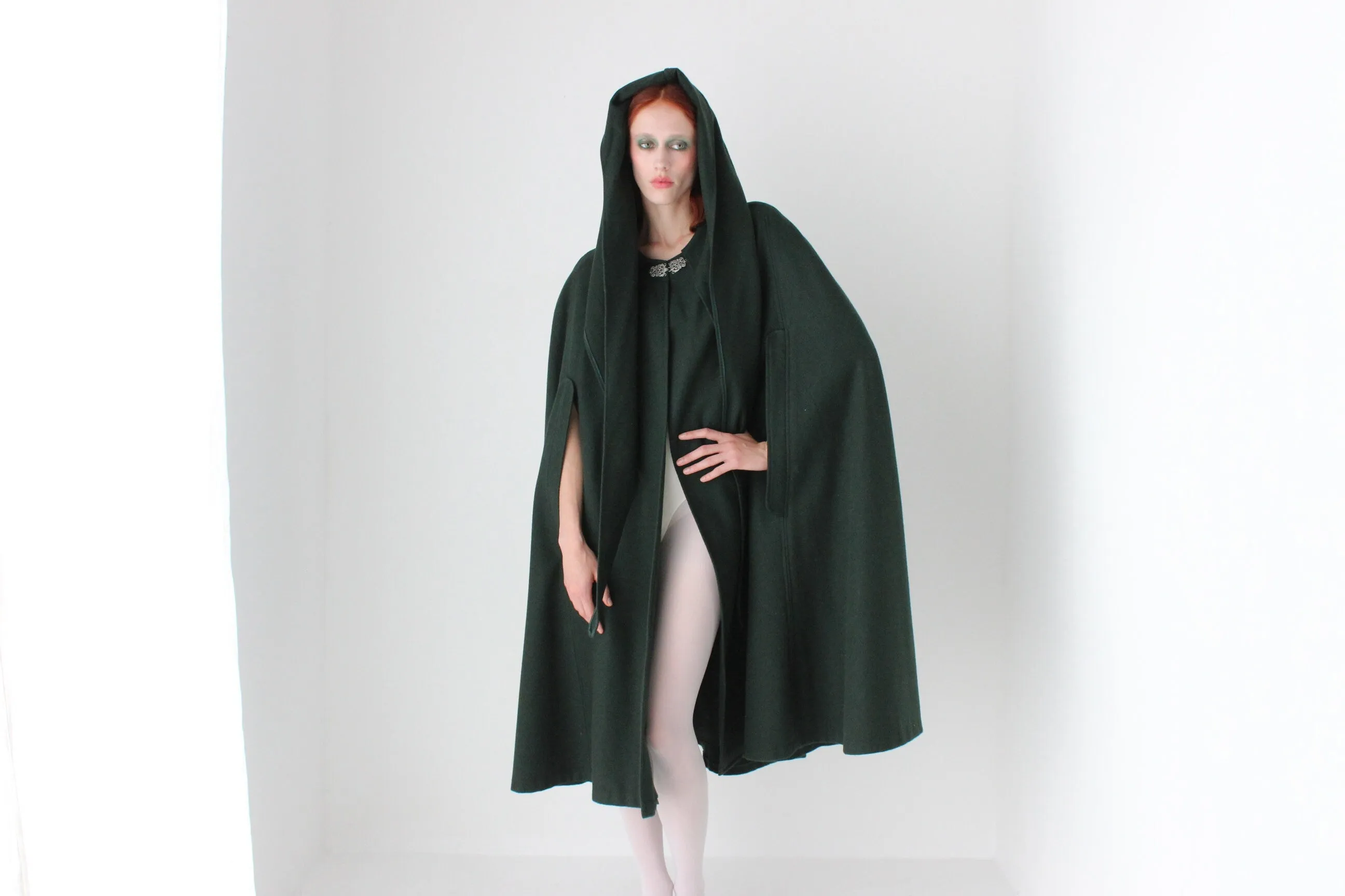 90s Rich Green PURE WOOL Boutique Hooded Cape Coat