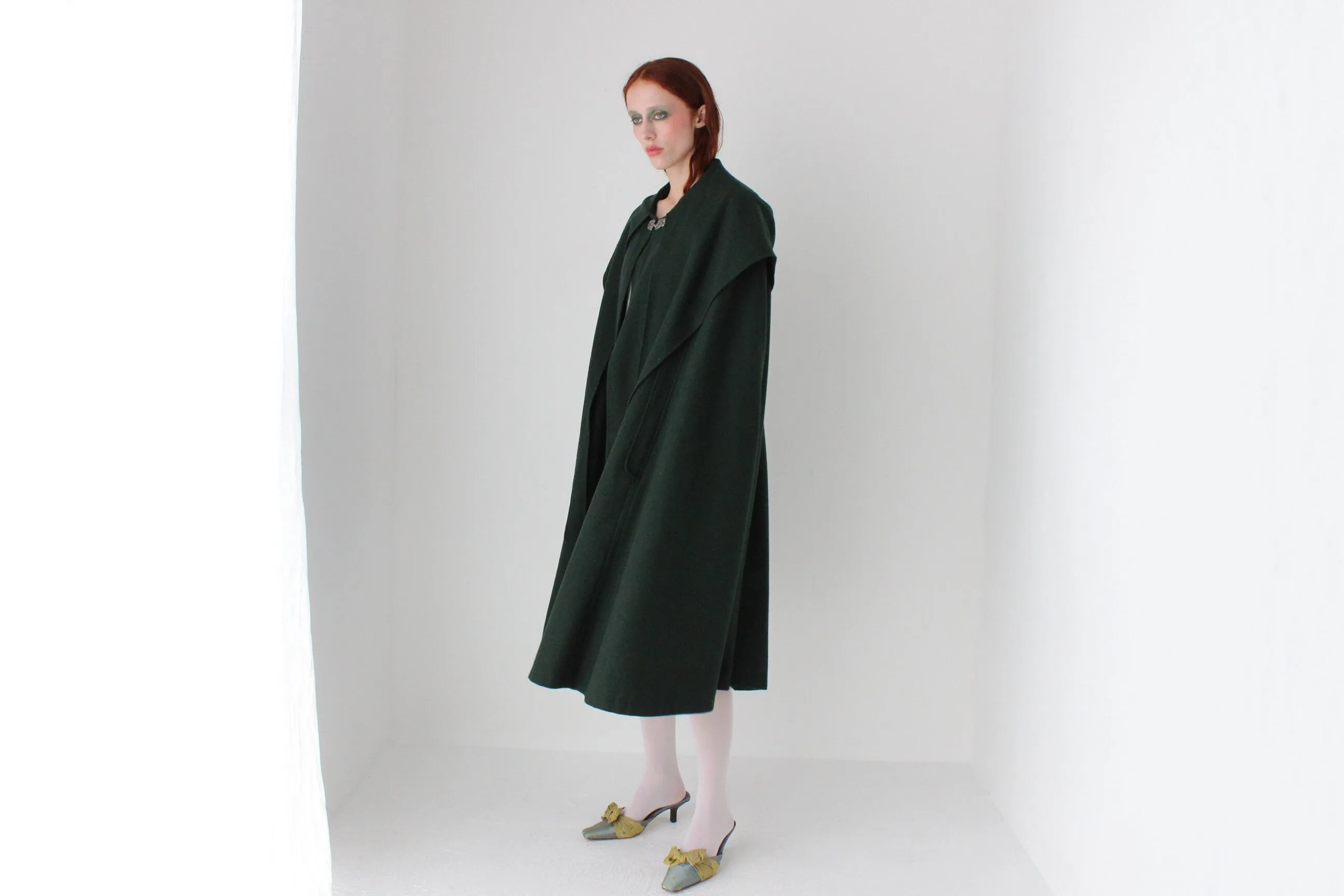 90s Rich Green PURE WOOL Boutique Hooded Cape Coat