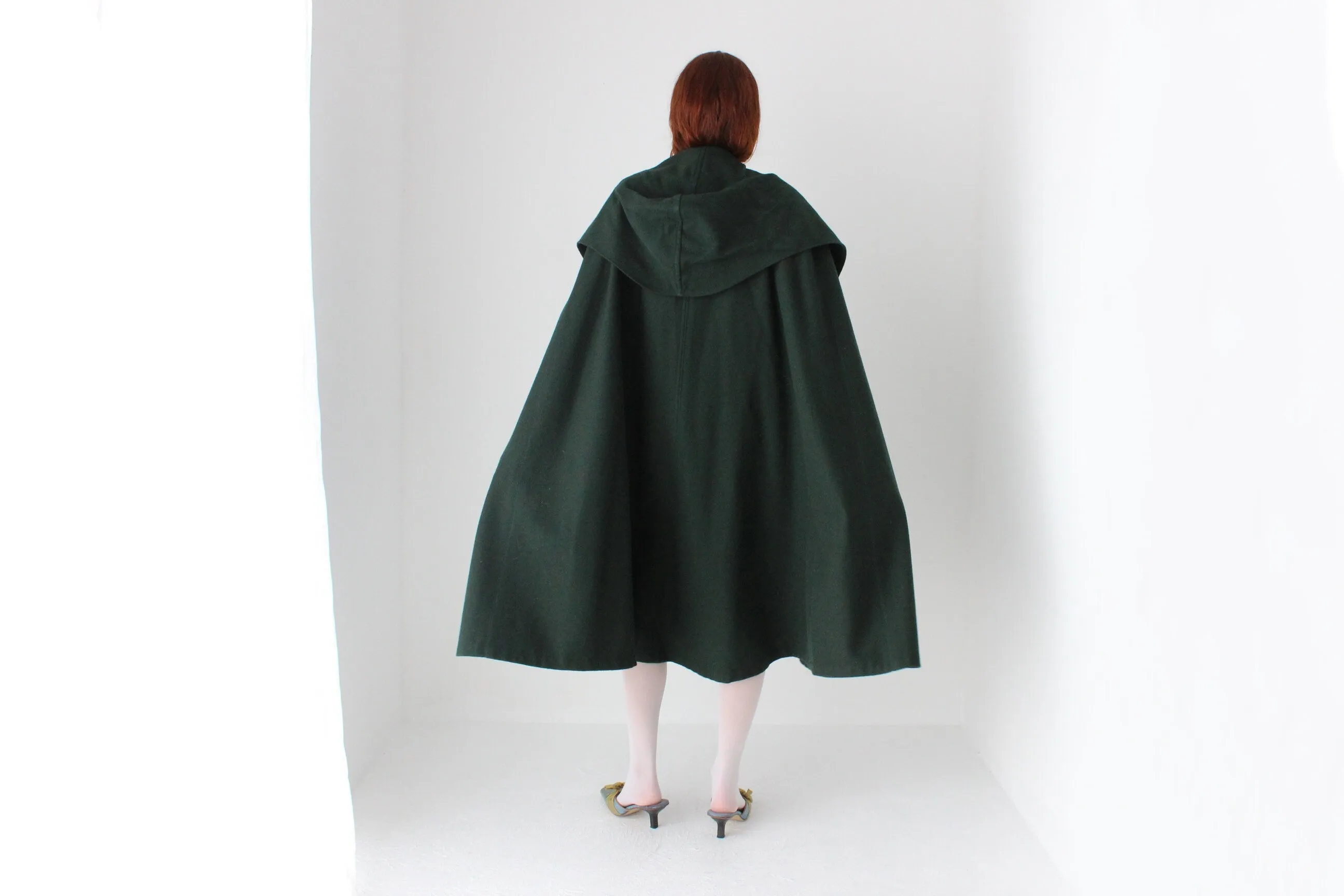 90s Rich Green PURE WOOL Boutique Hooded Cape Coat