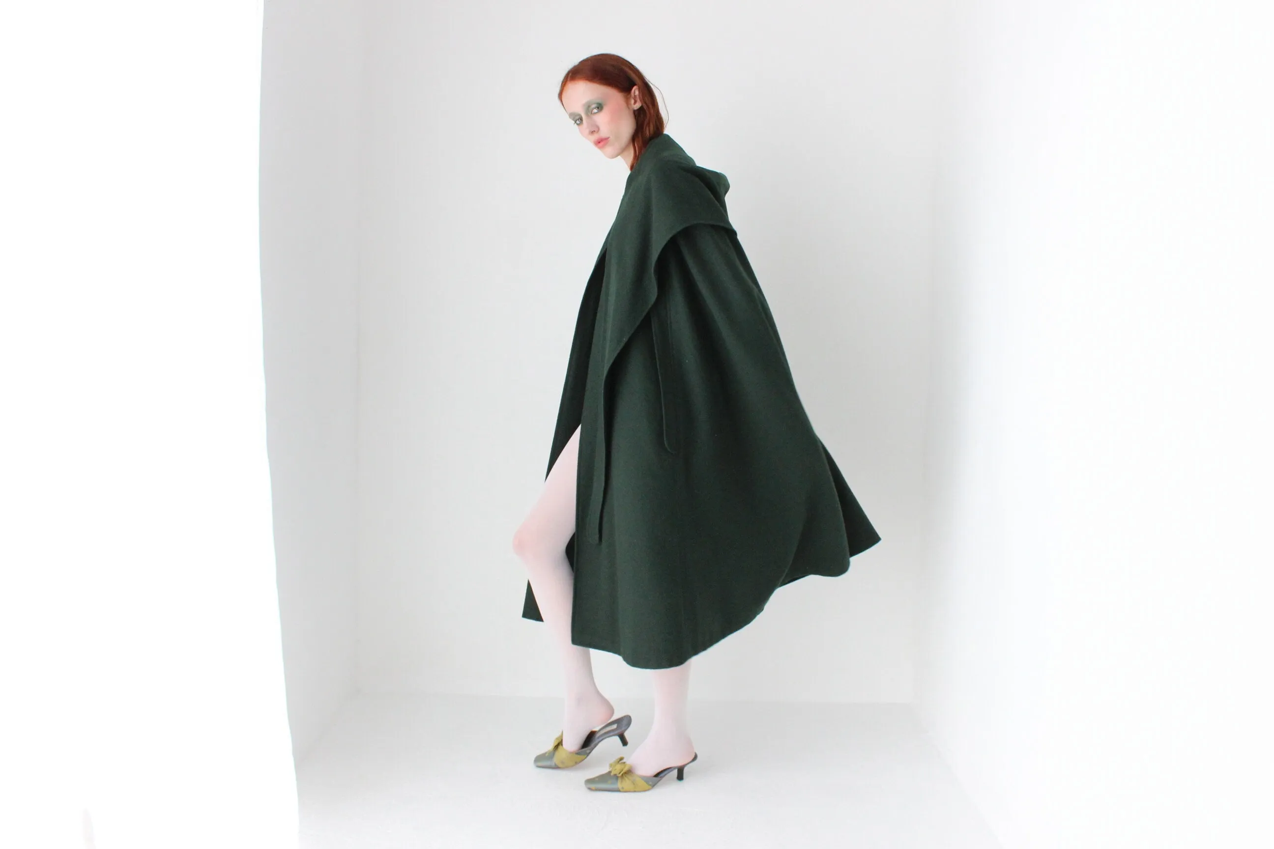 90s Rich Green PURE WOOL Boutique Hooded Cape Coat