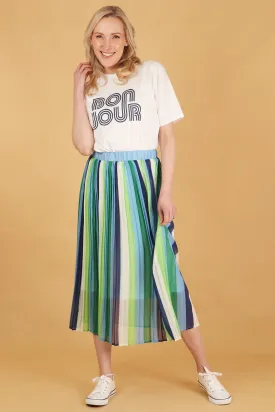 Alternating Striped Chiffon Pleated Skirt in Blue Green