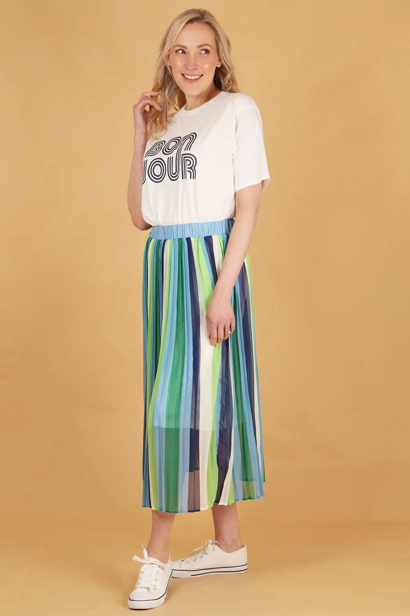 Alternating Striped Chiffon Pleated Skirt in Blue Green