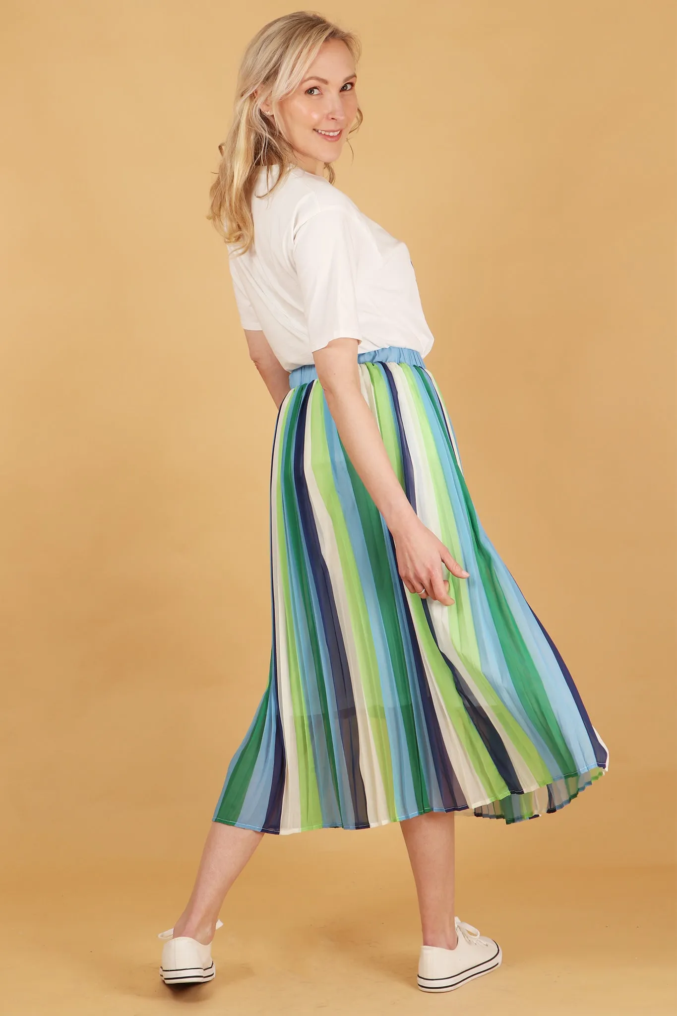 Alternating Striped Chiffon Pleated Skirt in Blue Green