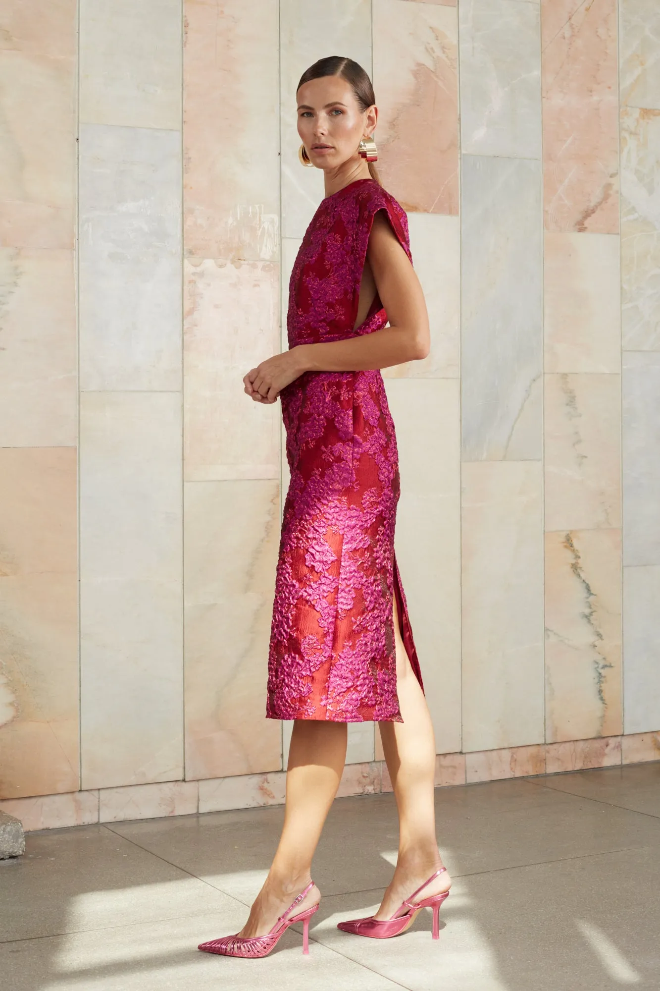 ANN red pink jacquard midi dress