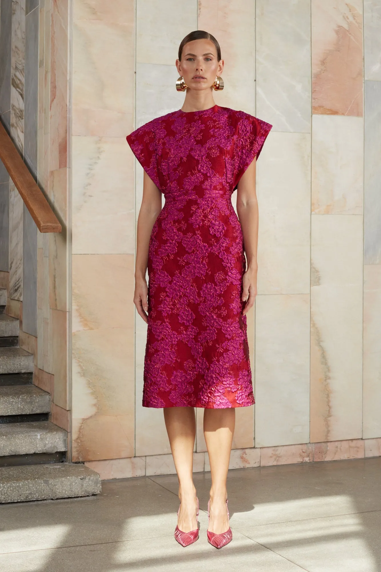 ANN red pink jacquard midi dress