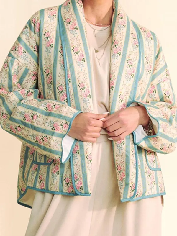 Artistic Floral Quilted Shawl Jacket Boho Throw-On