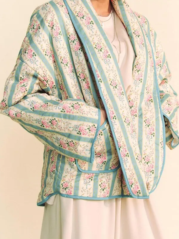 Artistic Floral Quilted Shawl Jacket Boho Throw-On