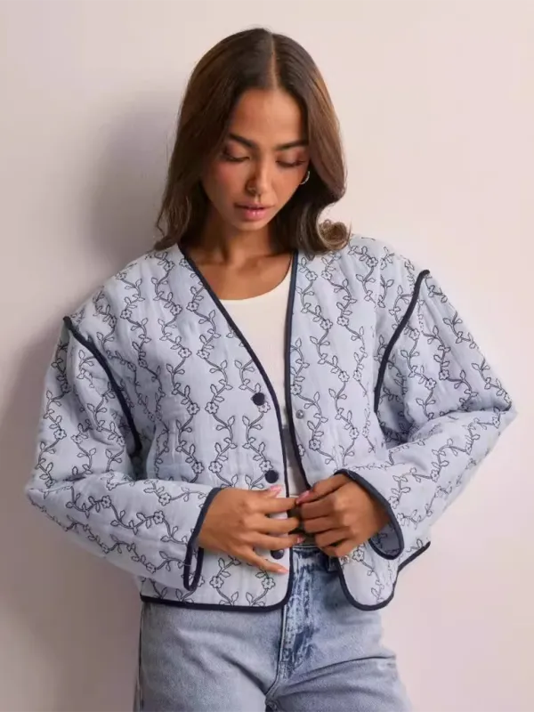 Blue Zone Planet |  Anna's Botanical Print Quilted Thin Short Jacket