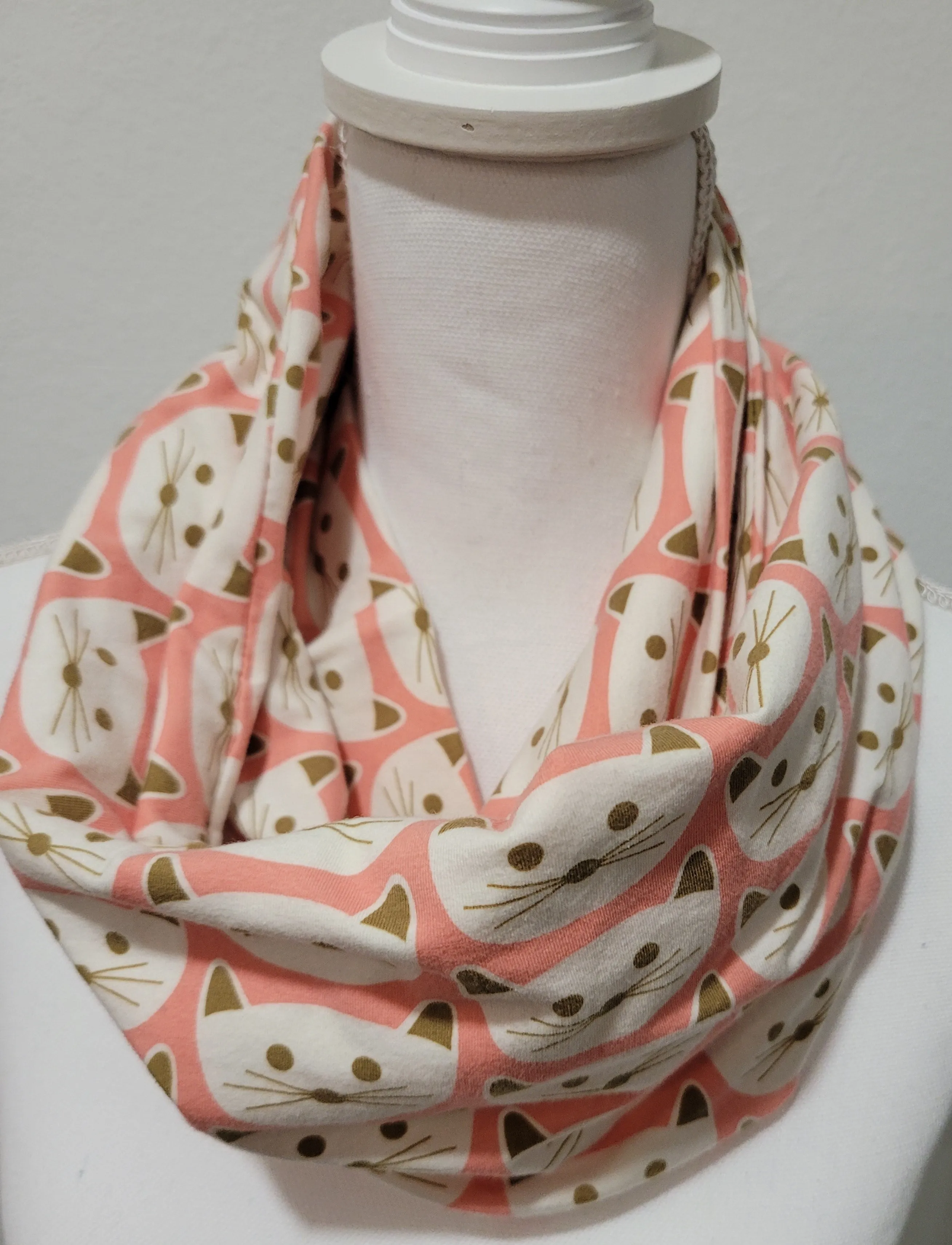 Blush Pink Cat Print Double Loop Jersey Knit Infinity Scarf