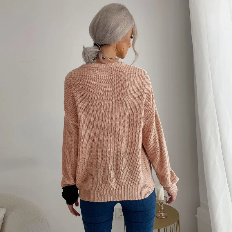 Color Blocking Color Blocking Knitted Pullover Wholesale Women Clothing