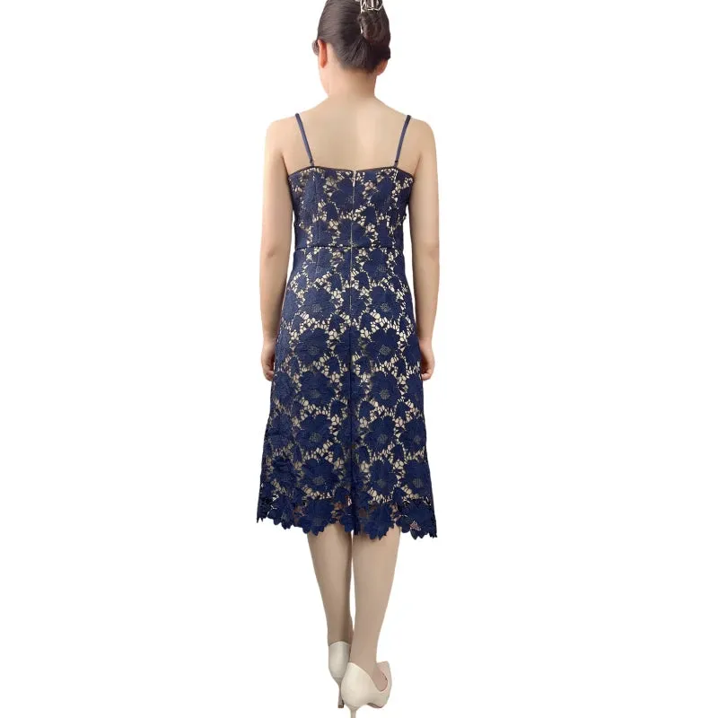 D405 Women flower embroidered lace bare shoulder midi party dress