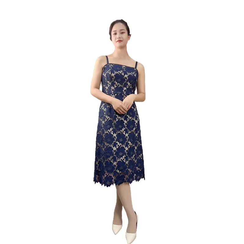 D405 Women flower embroidered lace bare shoulder midi party dress