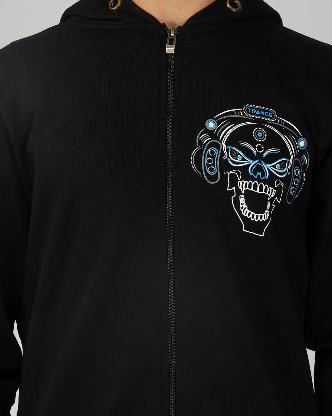 DJ Skull Trance | zip up Cotton Hoodie | UV Light Reactive Plus Glow in Dark