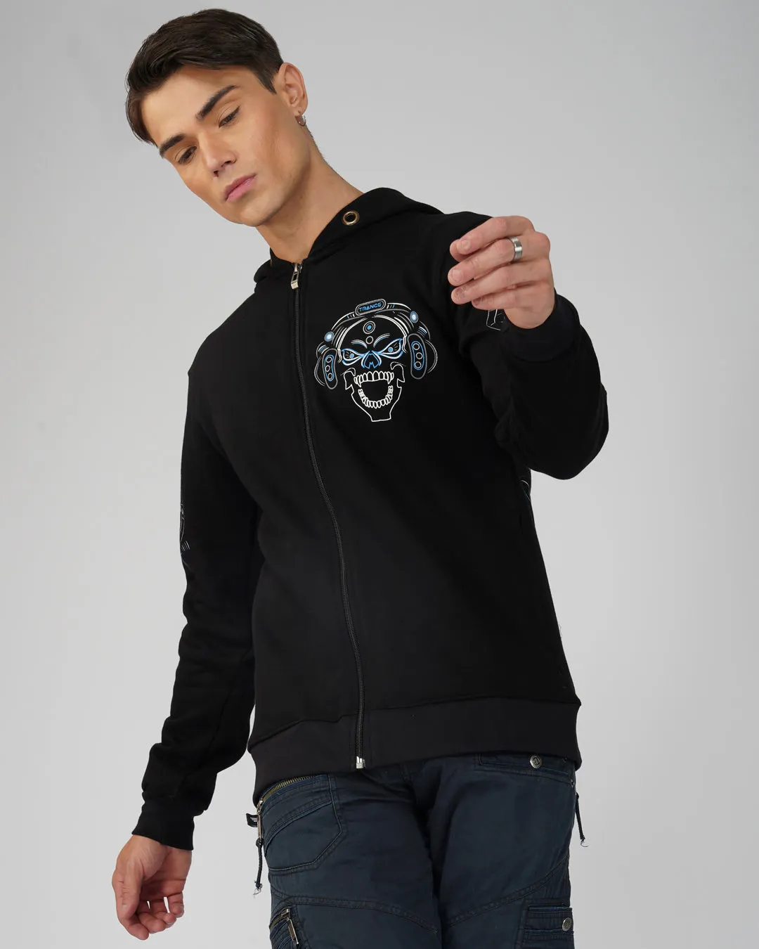 DJ Skull Trance | zip up Cotton Hoodie | UV Light Reactive Plus Glow in Dark