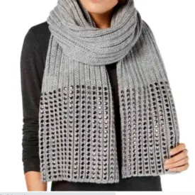 DKNY Women's Knit Scarf Chunky Knit Silver Thread Studded Acrylic Blend