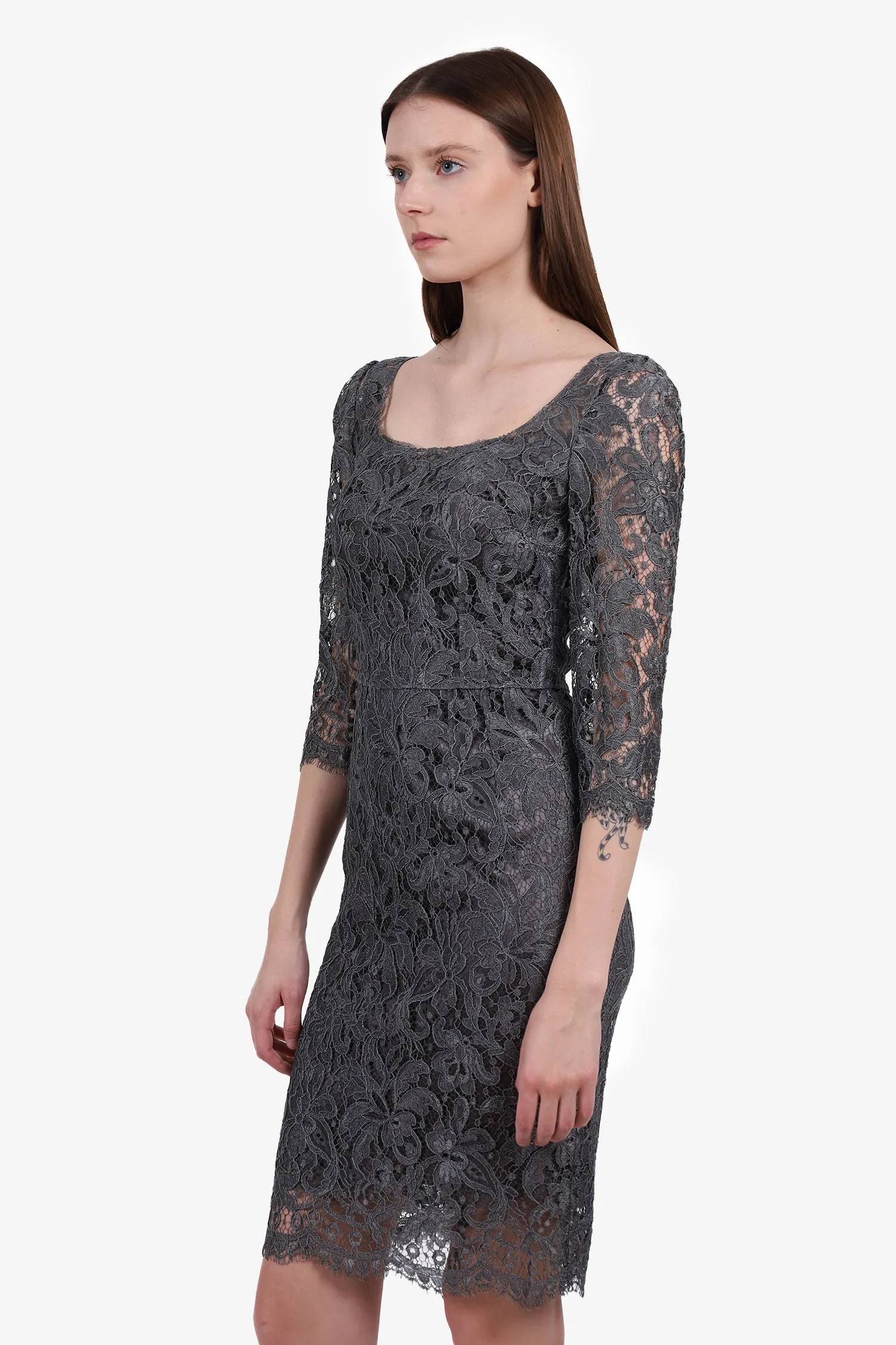 Dolce & Gabbana Grey Lace Midi Dress With Slip Size 40