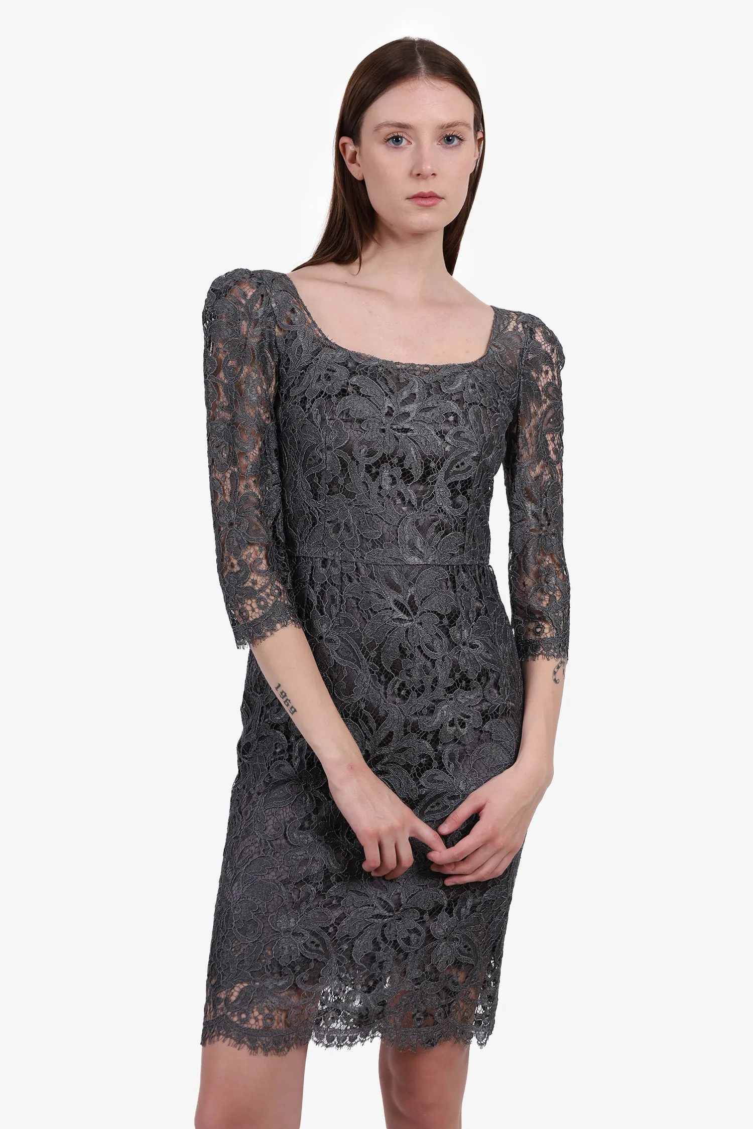 Dolce & Gabbana Grey Lace Midi Dress With Slip Size 40