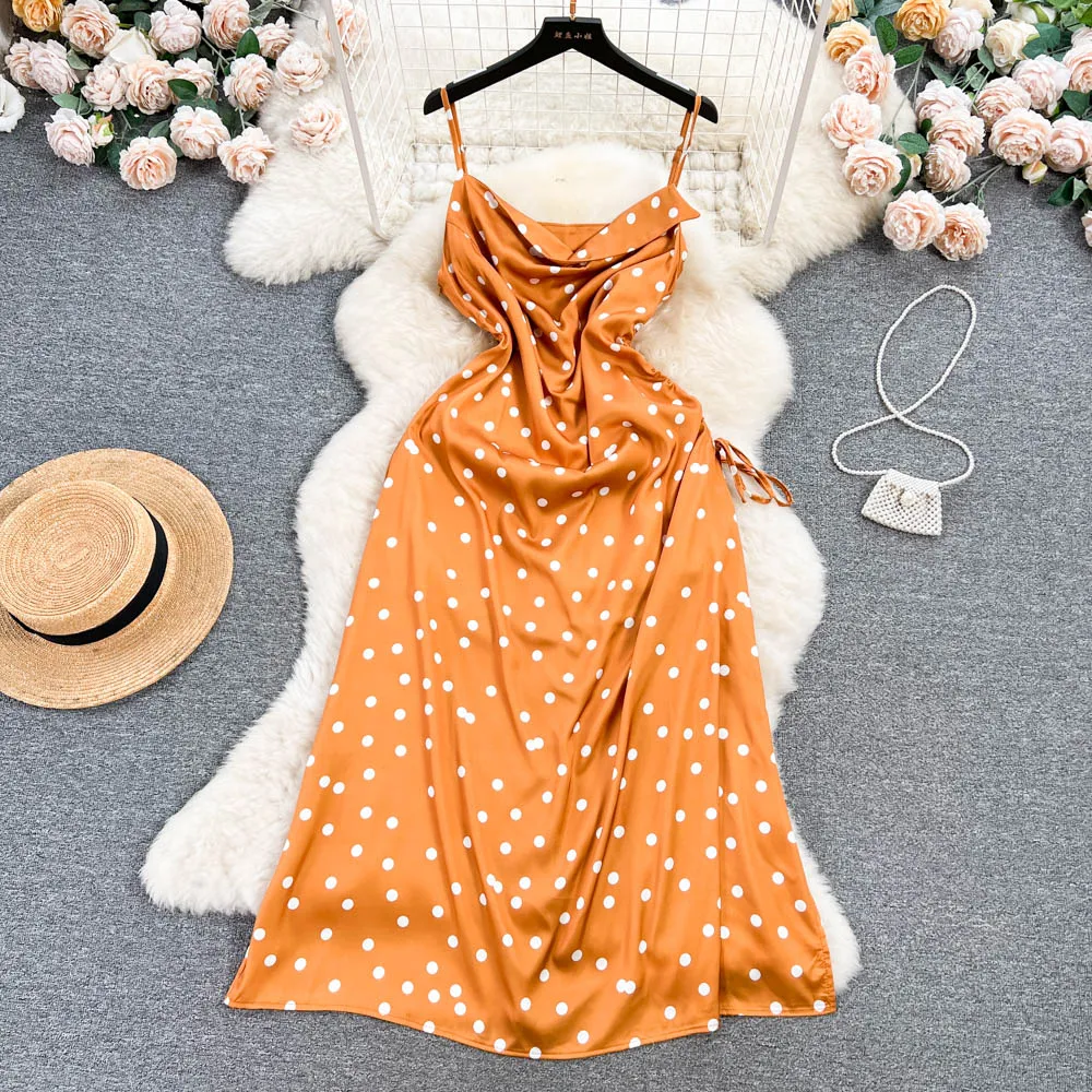 Drawstring Polka Dot Slip Dress