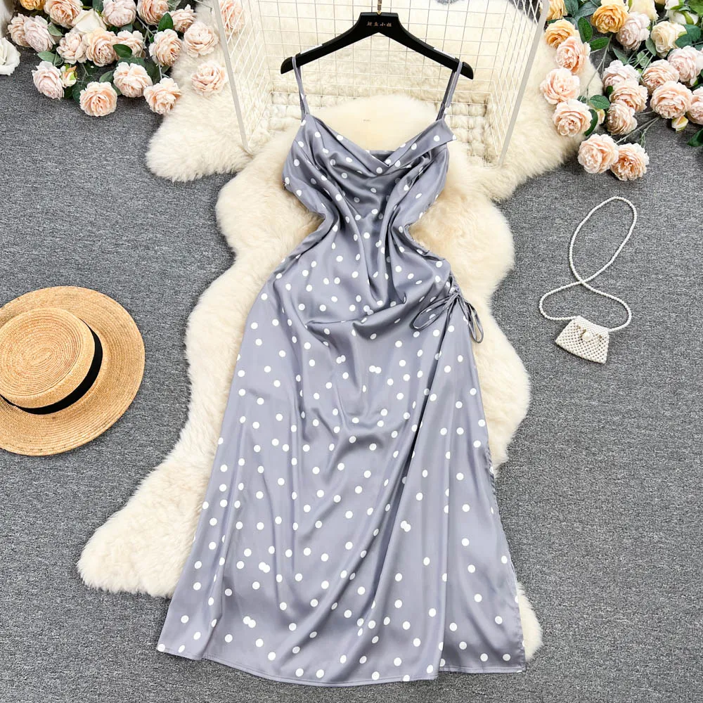 Drawstring Polka Dot Slip Dress