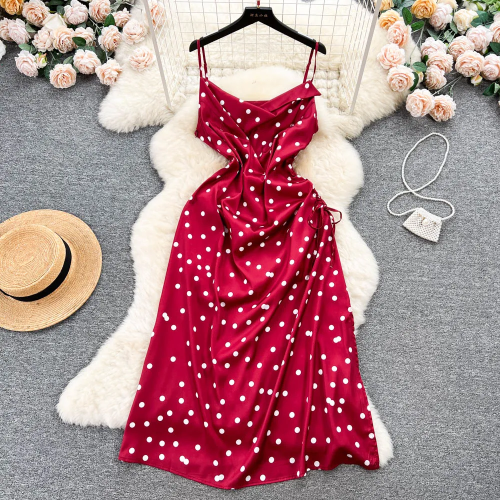 Drawstring Polka Dot Slip Dress