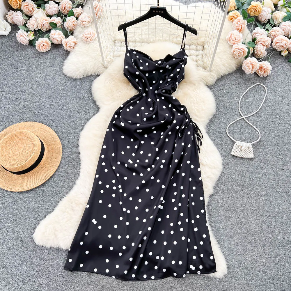 Drawstring Polka Dot Slip Dress