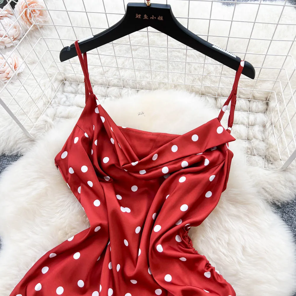 Drawstring Polka Dot Slip Dress