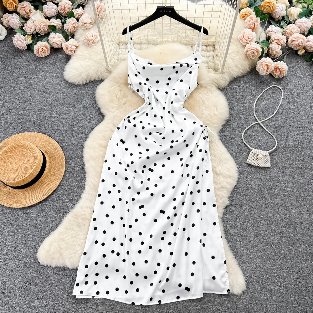 Drawstring Polka Dot Slip Dress