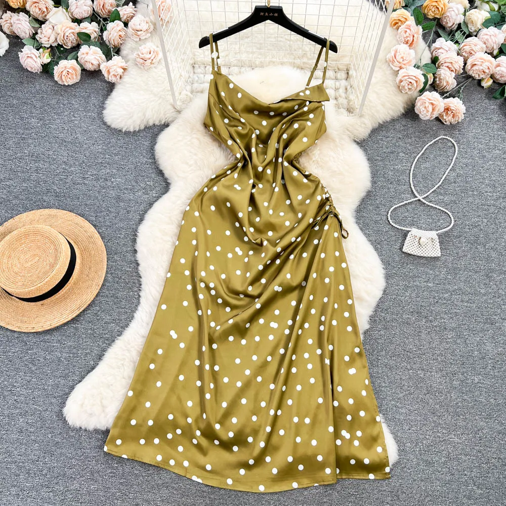 Drawstring Polka Dot Slip Dress