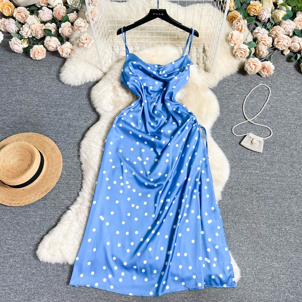 Drawstring Polka Dot Slip Dress