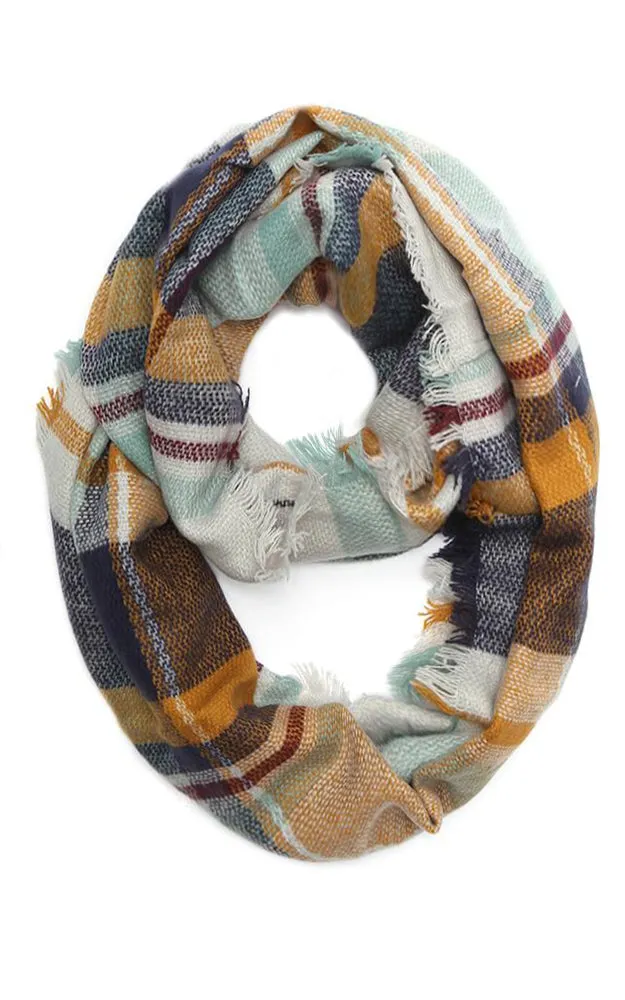 EAS8696 Green Mustard Woven Plaid Infinity Scarf