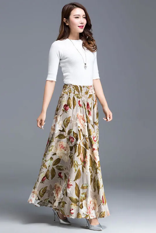 Floral Pleated Linen Maxi Skirt 3609