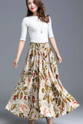 Floral Pleated Linen Maxi Skirt 3609