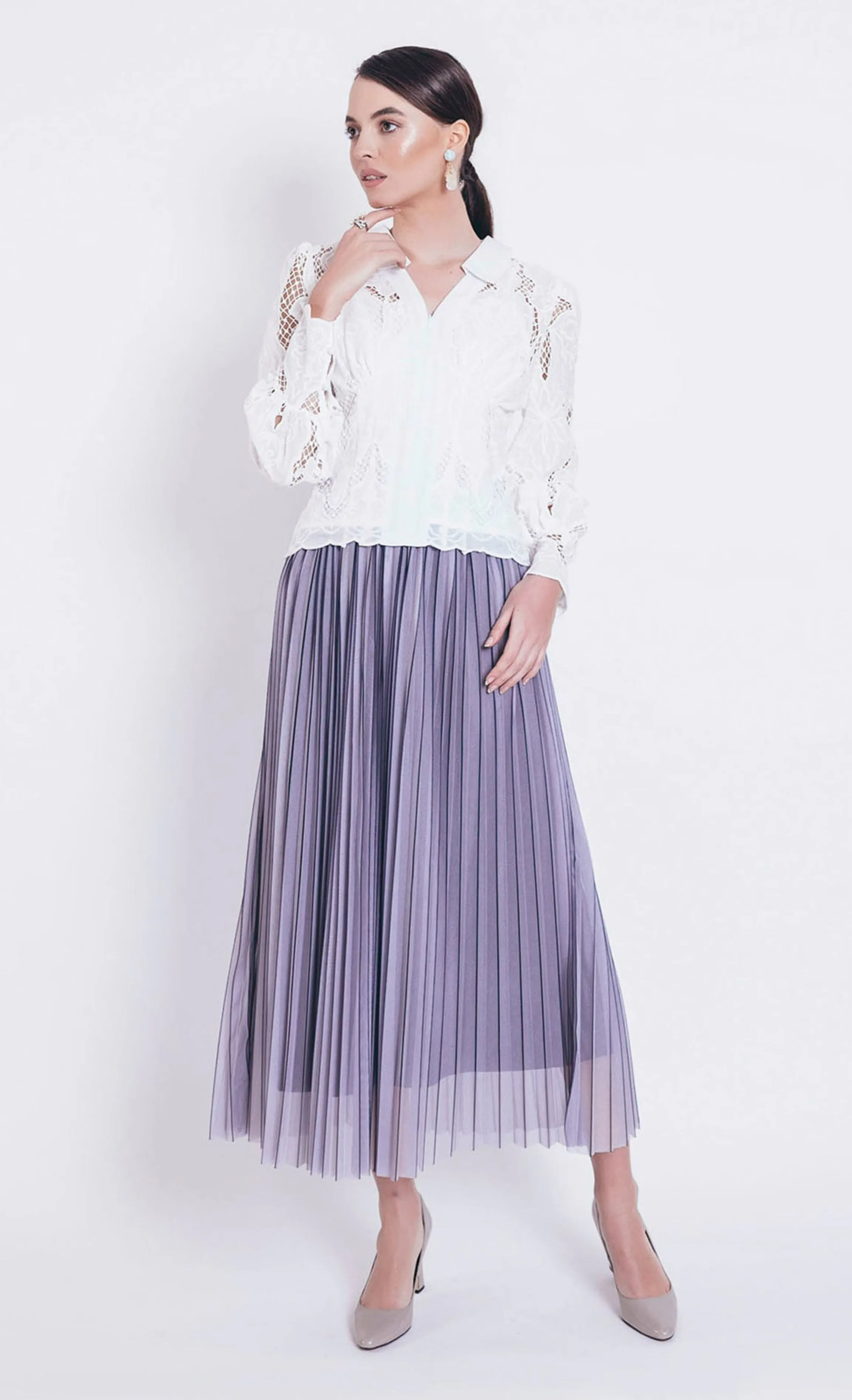 Helena Tulle Pleated Skirt in Grey