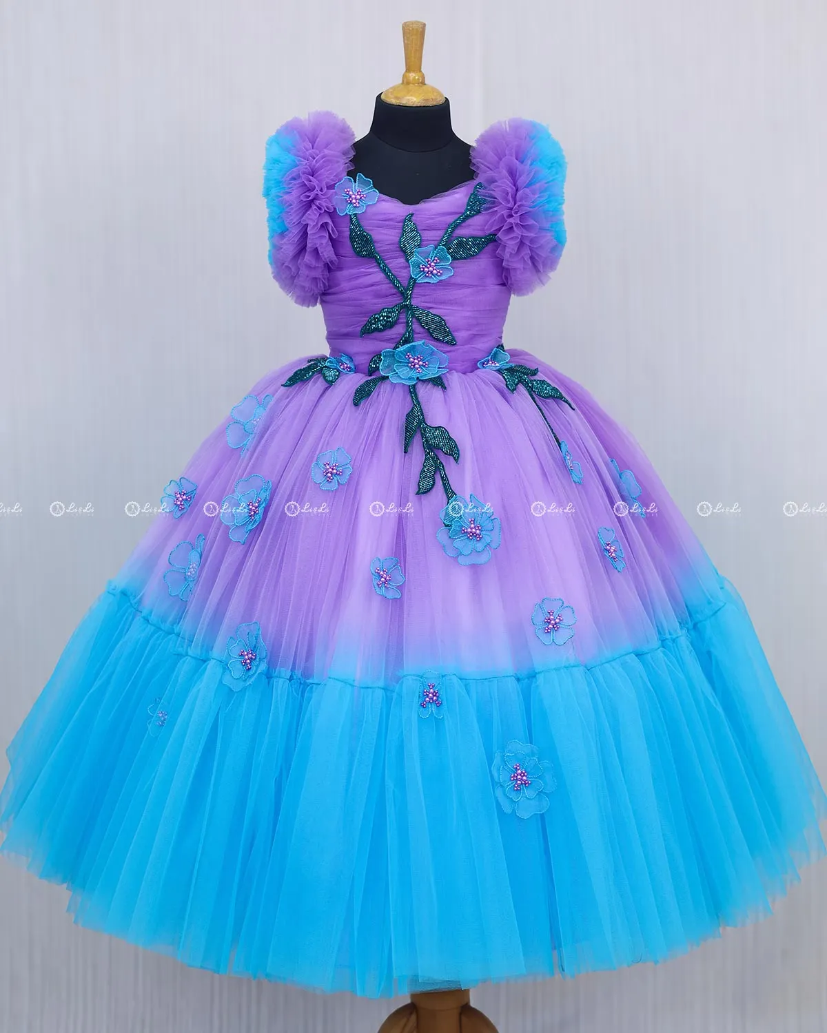 Lavender and Blue Double Shaded Gown with Handicrafted Flowers and Leaves