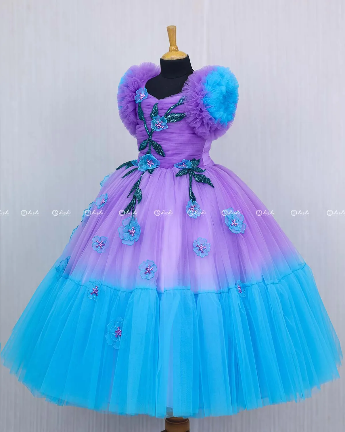 Lavender and Blue Double Shaded Gown with Handicrafted Flowers and Leaves