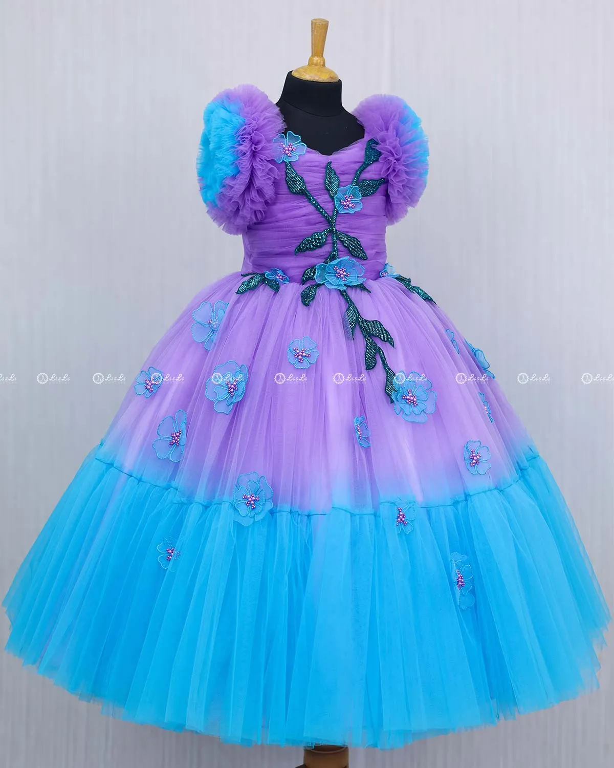 Lavender and Blue Double Shaded Gown with Handicrafted Flowers and Leaves