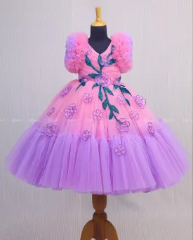 Lavender and Pink Double Shaded Gown with Handicrafted Flowers and Leaves