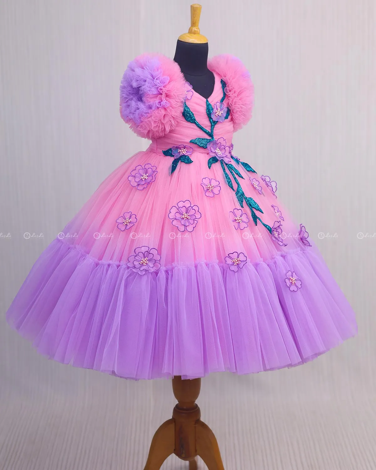 Lavender and Pink Double Shaded Gown with Handicrafted Flowers and Leaves