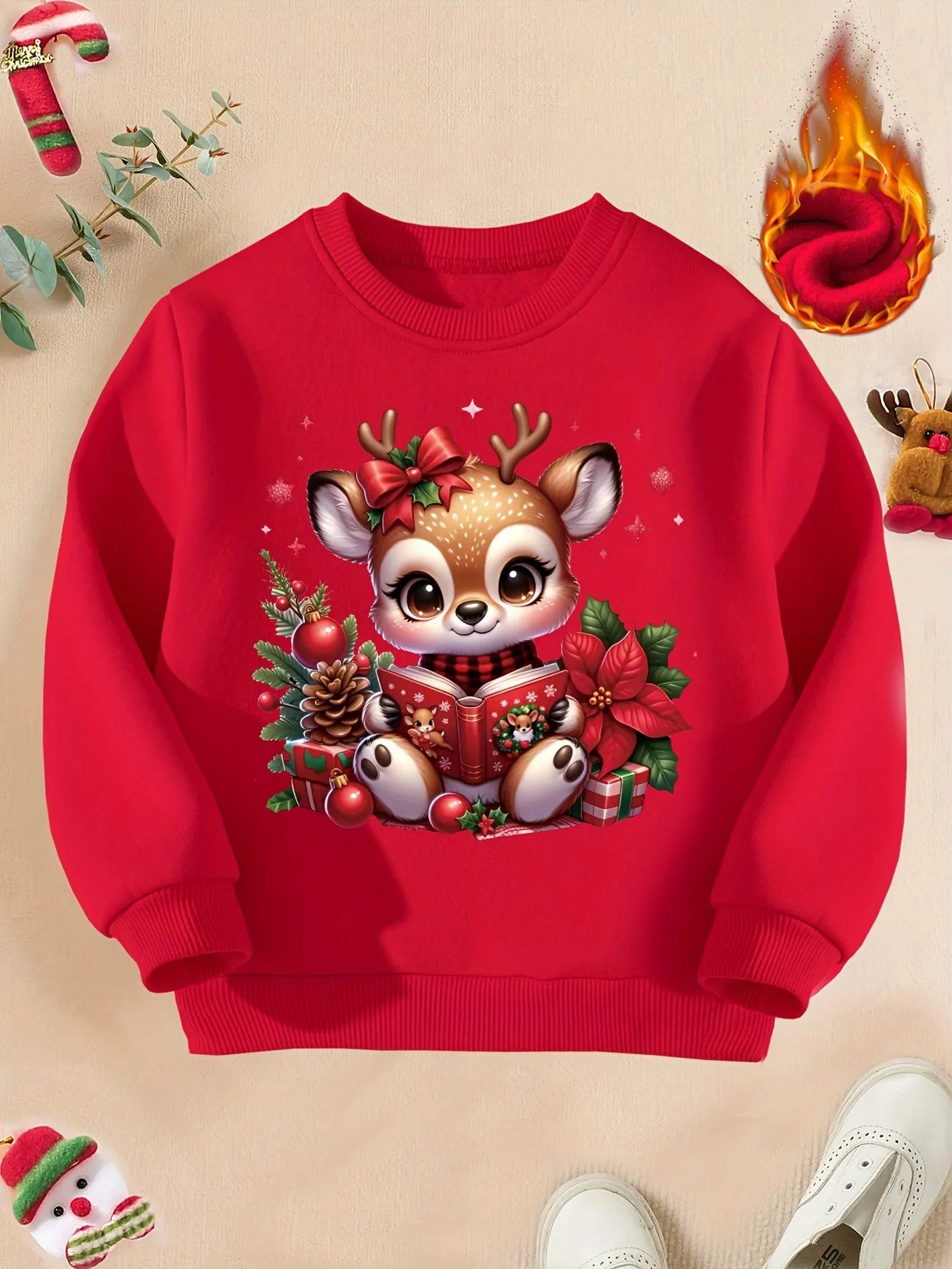 Magical Christmas, Cozy Fleece-Lined Girls' Christmas Sweatshirt with Cute Reading Reindeer Print - Casual Long Sleeve Pullover for Fall/Winter