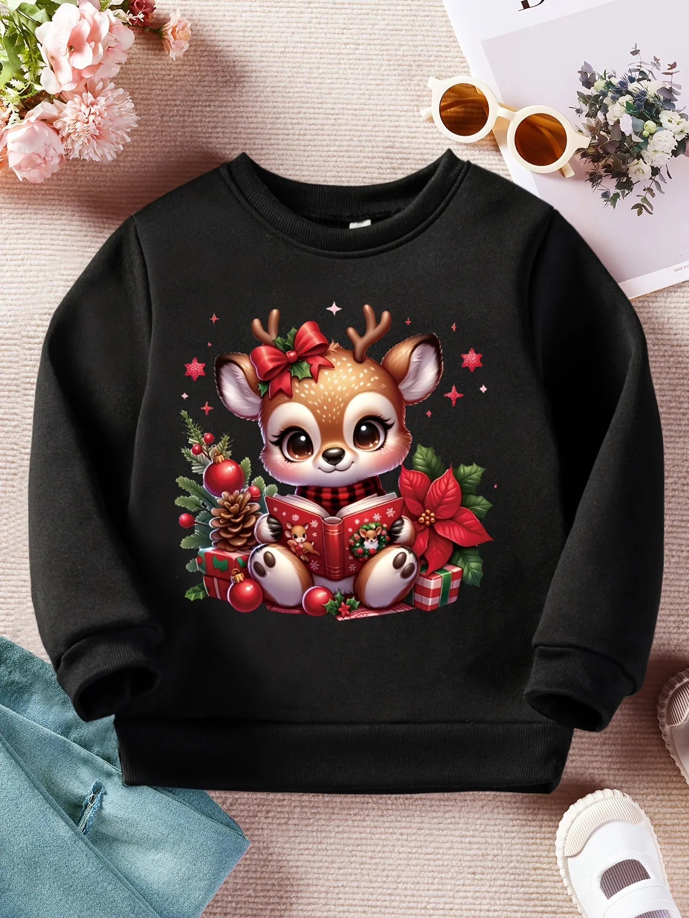 Magical Christmas, Cozy Fleece-Lined Girls' Christmas Sweatshirt with Cute Reading Reindeer Print - Casual Long Sleeve Pullover for Fall/Winter