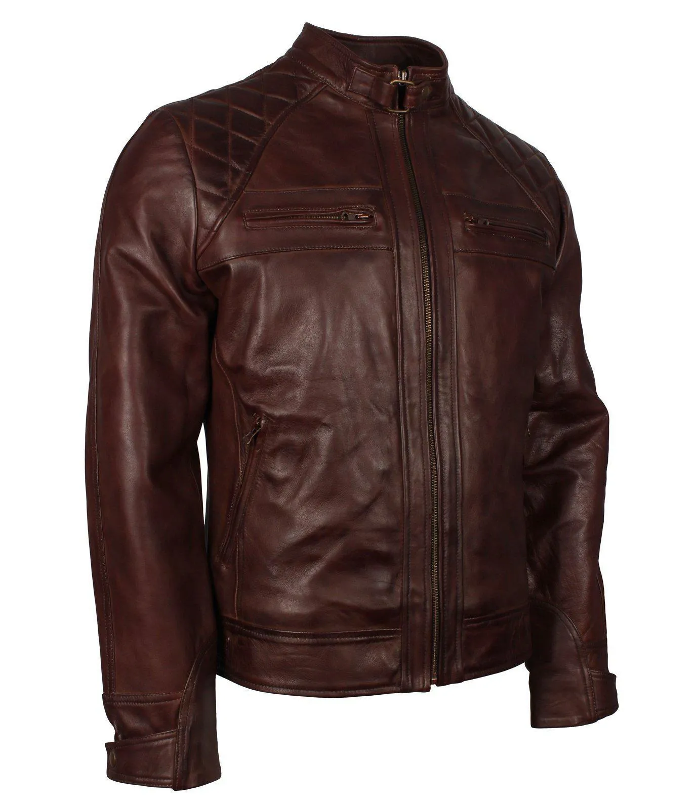 Men's Dark Brown Diamond Quilted Genuine Leather Motorcycle Jacket