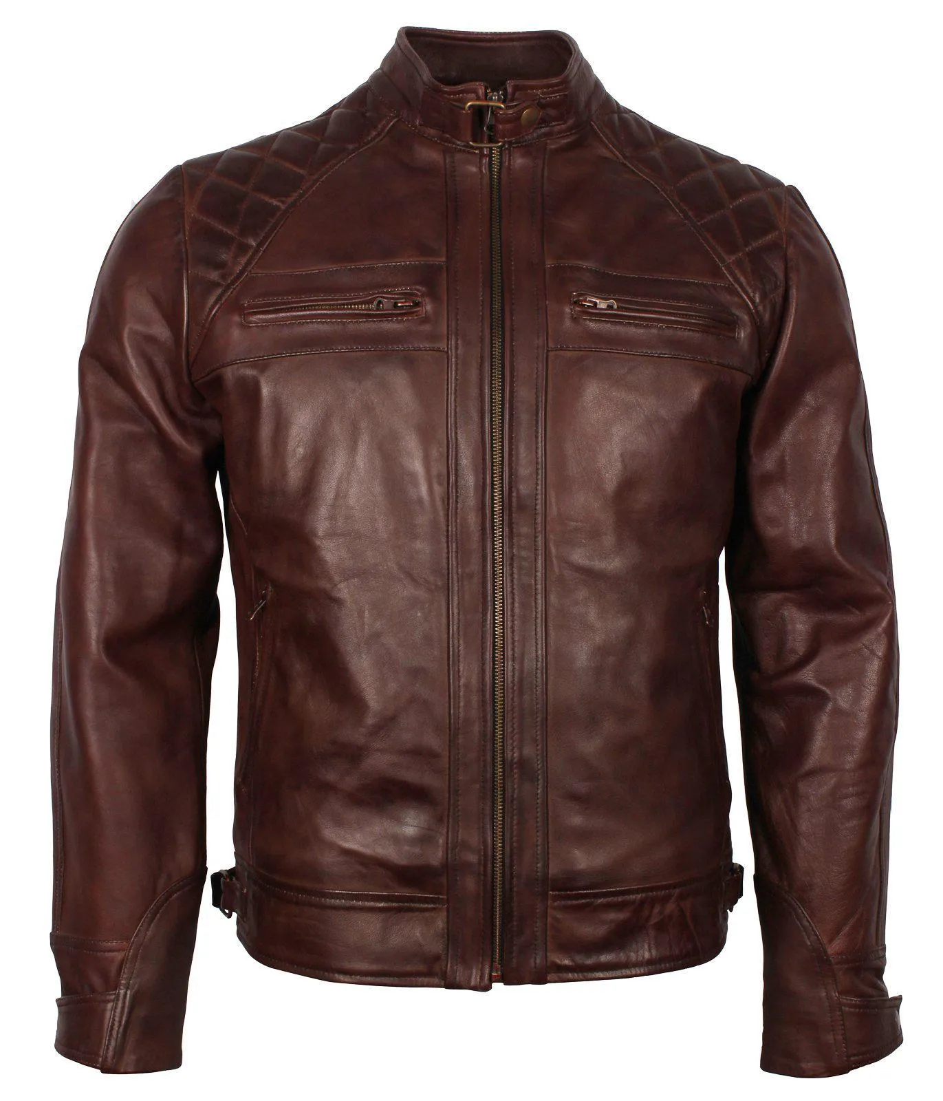 Men's Dark Brown Diamond Quilted Genuine Leather Motorcycle Jacket