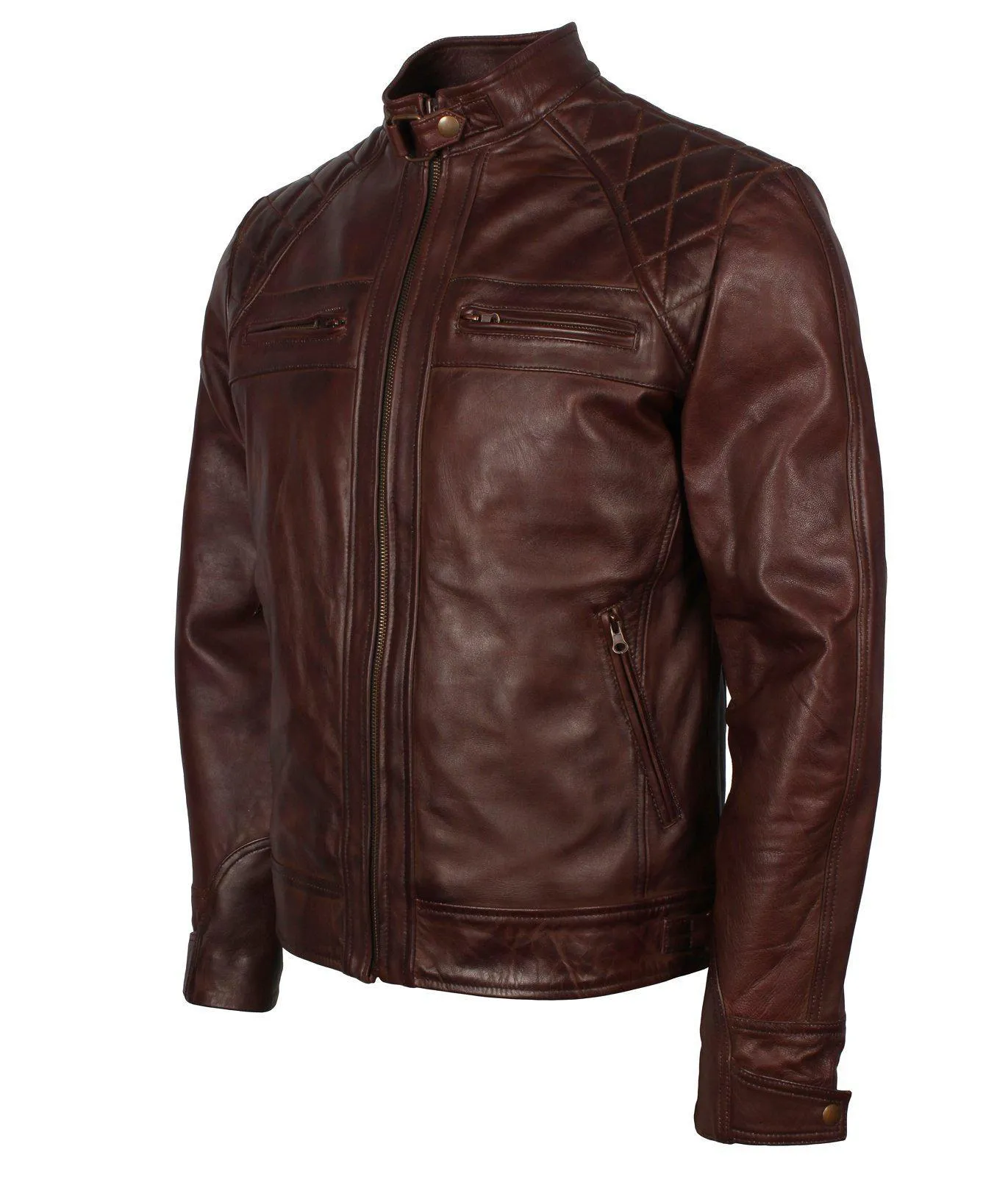 Men's Dark Brown Diamond Quilted Genuine Leather Motorcycle Jacket