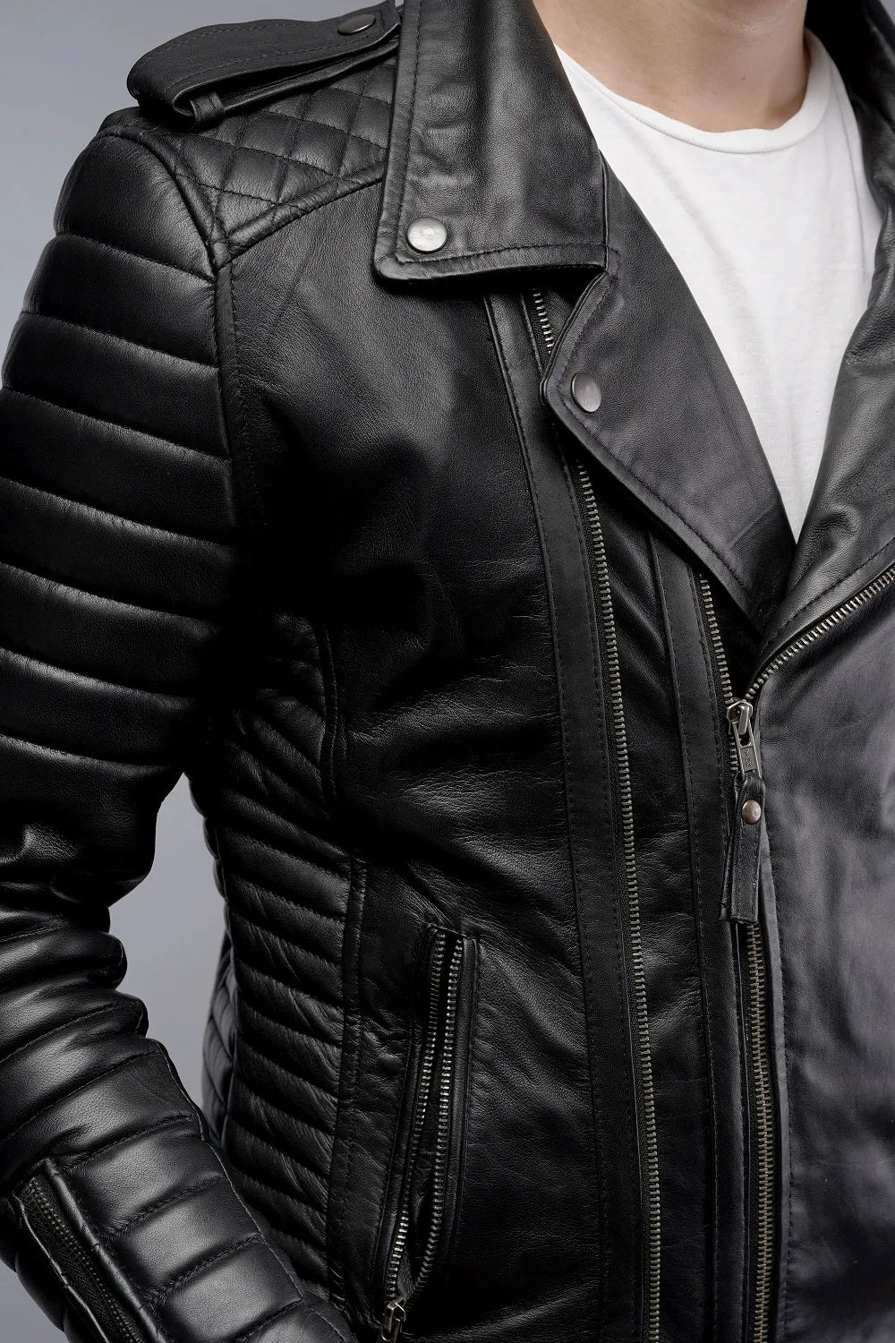 Mens Designer Quilted Padded Biker Gun Metal Leather Jacket