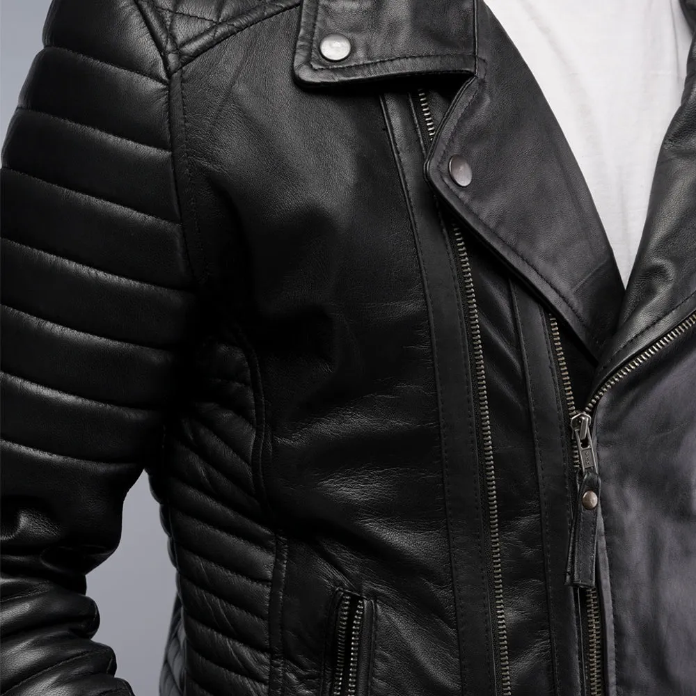 Mens Designer Quilted Padded Biker Gun Metal Leather Jacket