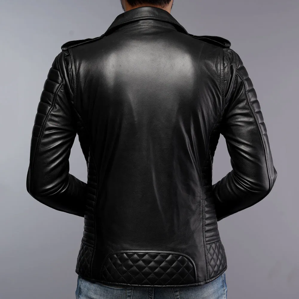 Mens Designer Quilted Padded Biker Gun Metal Leather Jacket